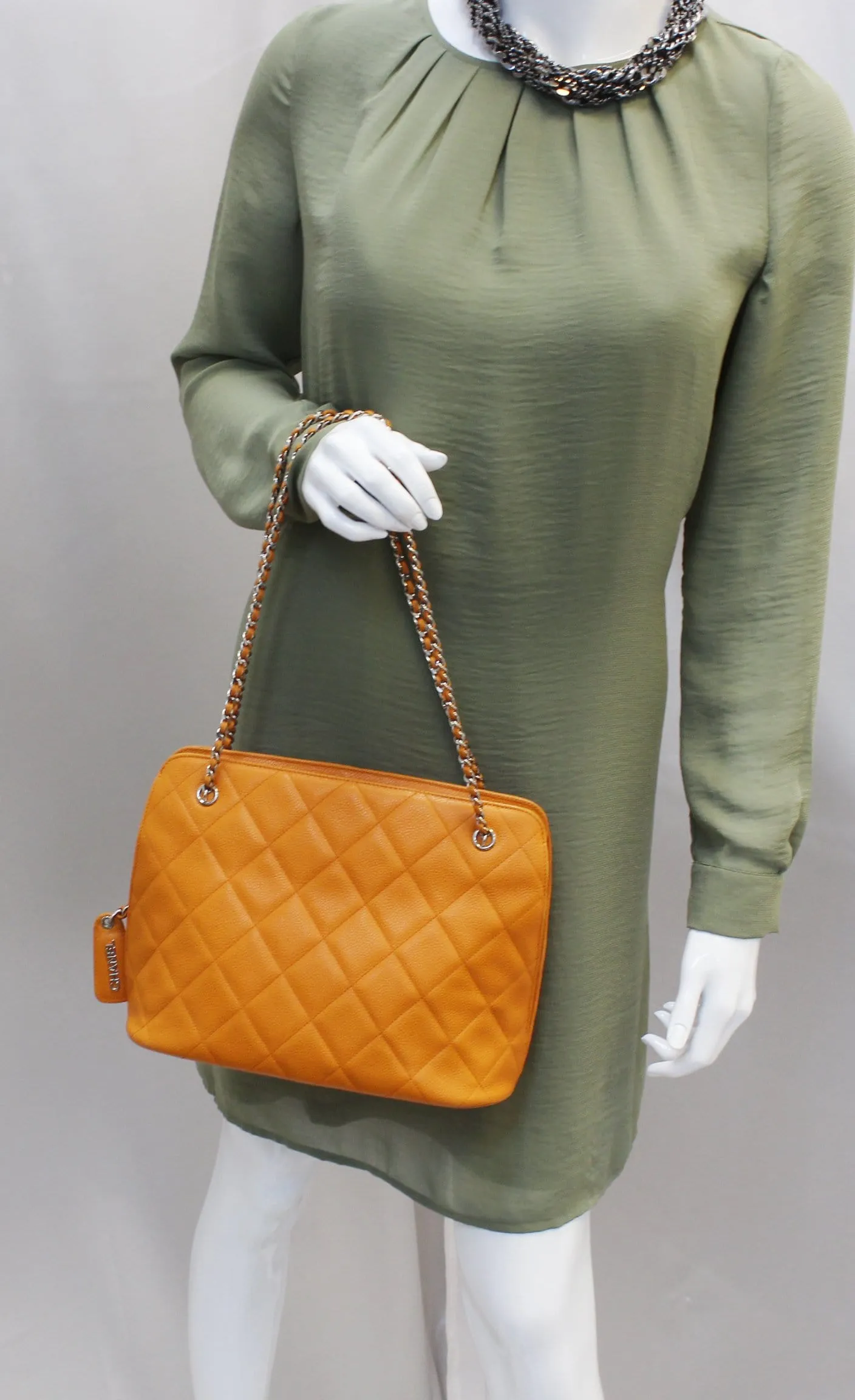 CHANEL Caviar Leather Orange Timeless Shoulder Bag