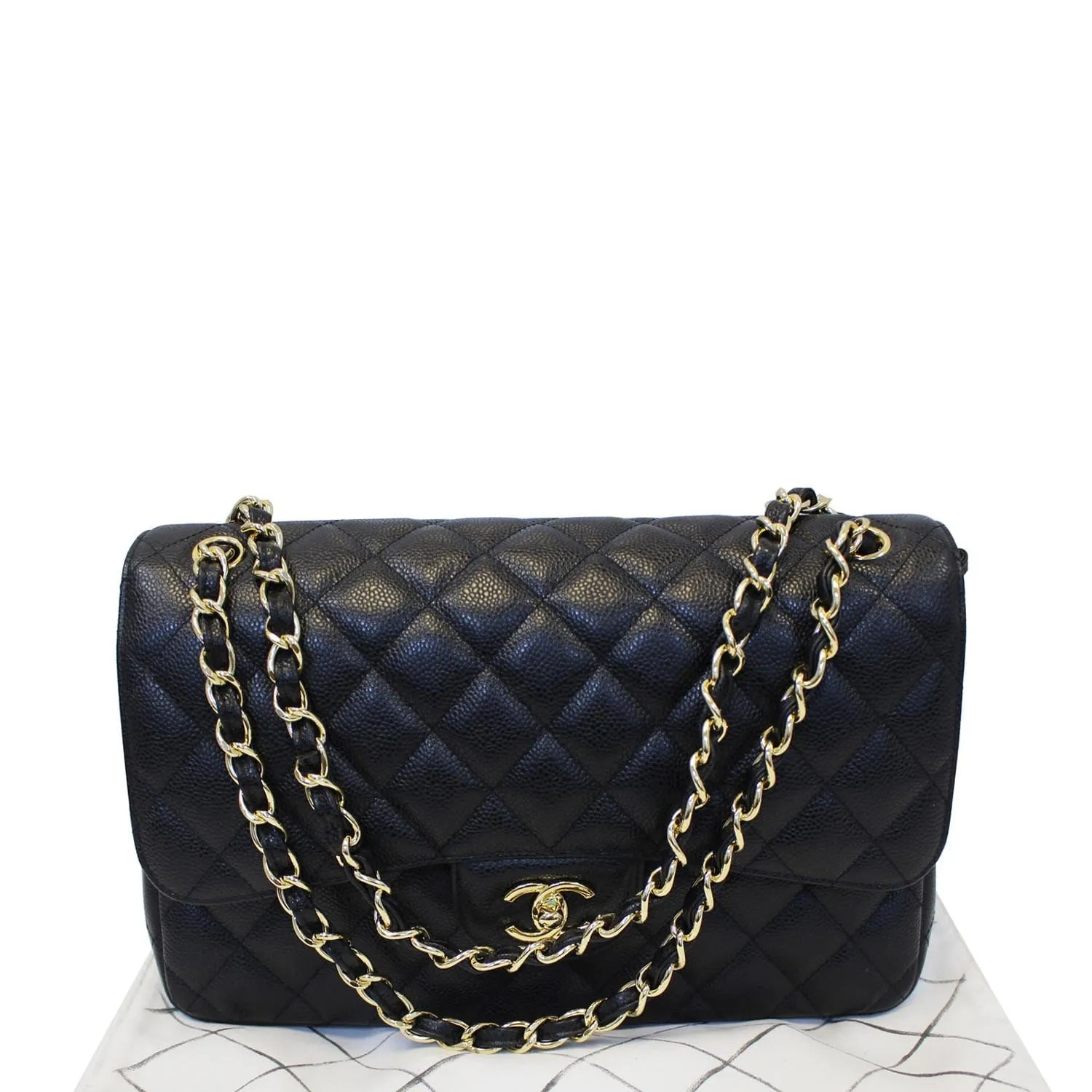CHANEL Classic Jumbo Caviar Leather Double Flap Shoulder Bag Black