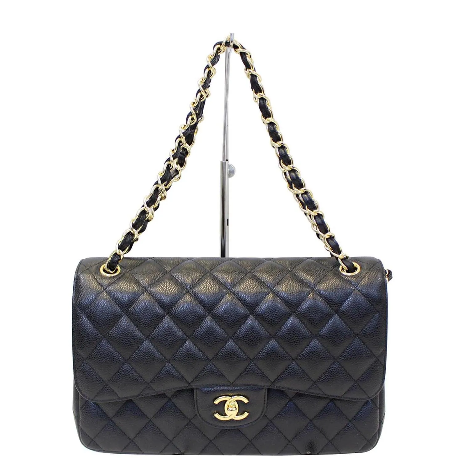 CHANEL Classic Jumbo Caviar Leather Double Flap Shoulder Bag Black