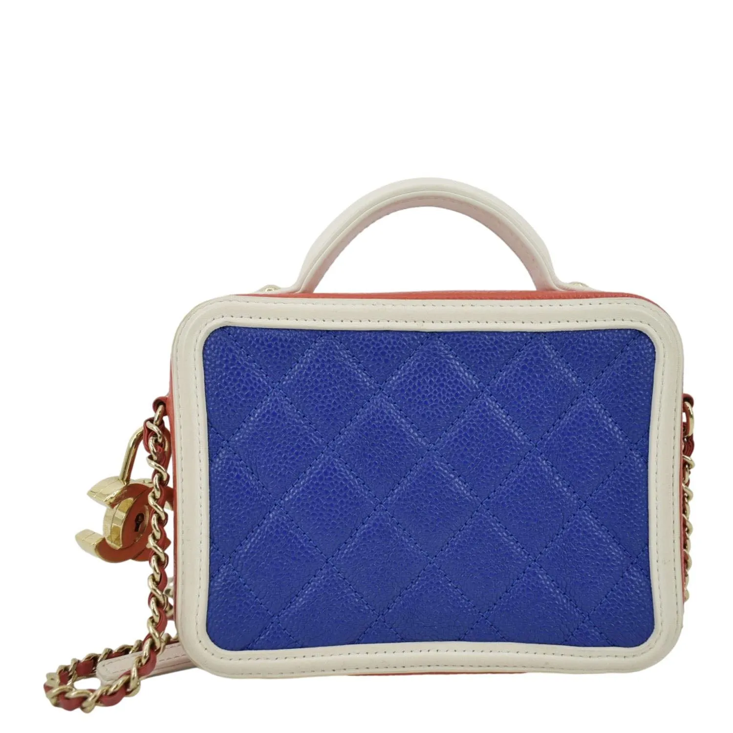 CHANEL Filigree Quilted Caviar Leather Top Handle Vanity Case Blue