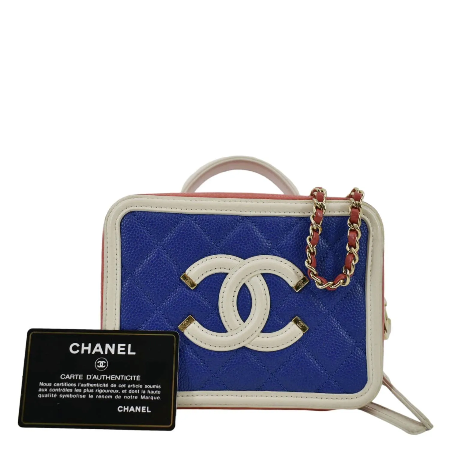 CHANEL Filigree Quilted Caviar Leather Top Handle Vanity Case Blue