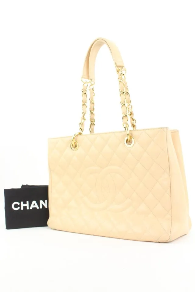 Chanel GST Beige Caviar Leather Grand Shopping Tote Chain Bag  10ccs114