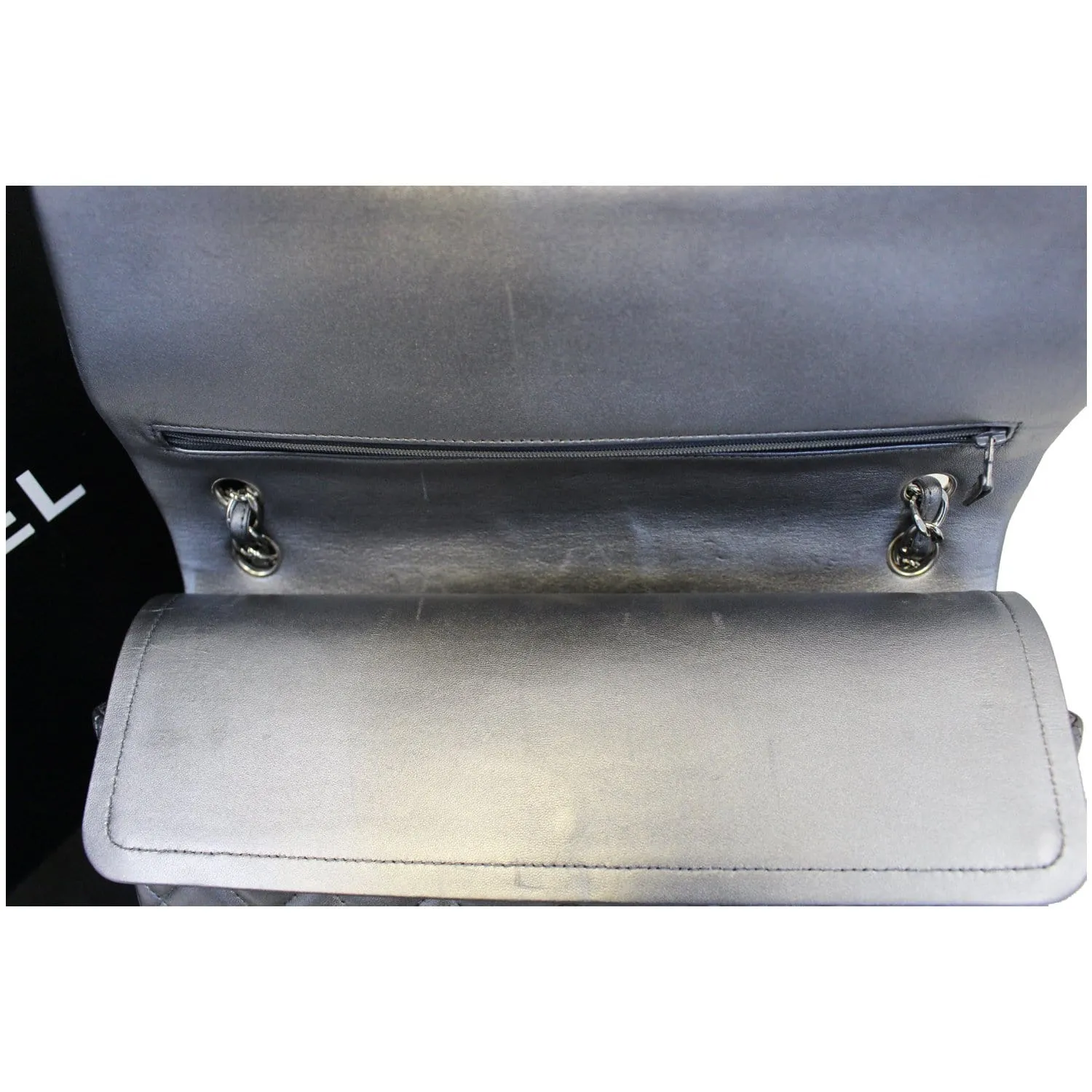CHANEL Jumbo Calfskin Leather Double Flap Silver Shoulder Bag