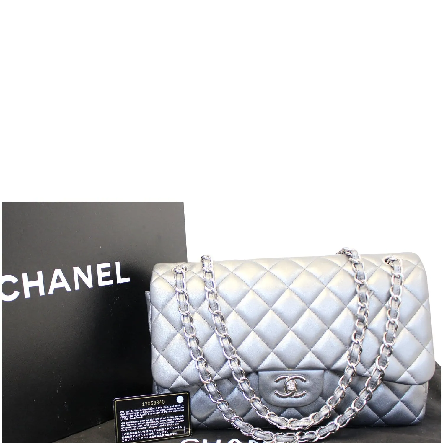 CHANEL Jumbo Calfskin Leather Double Flap Silver Shoulder Bag