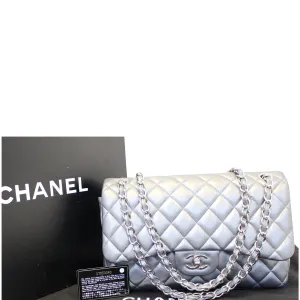 CHANEL Jumbo Calfskin Leather Double Flap Silver Shoulder Bag