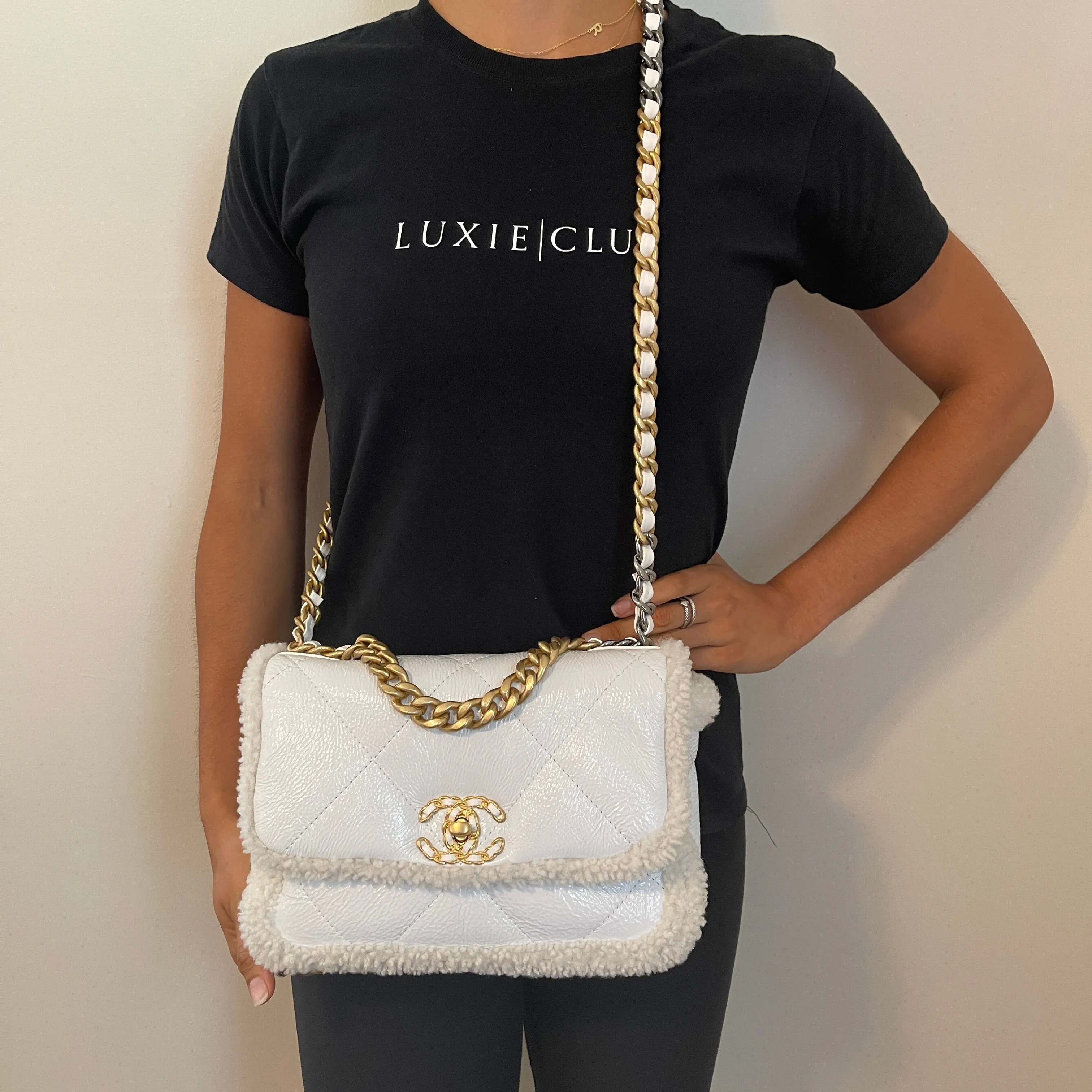 Chanel White 19 Lambskin & Shearling Shoulder Bag