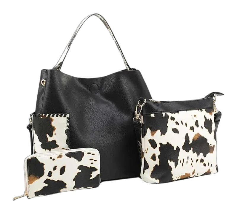 Chic Cow Print Bag Ensemble -Black