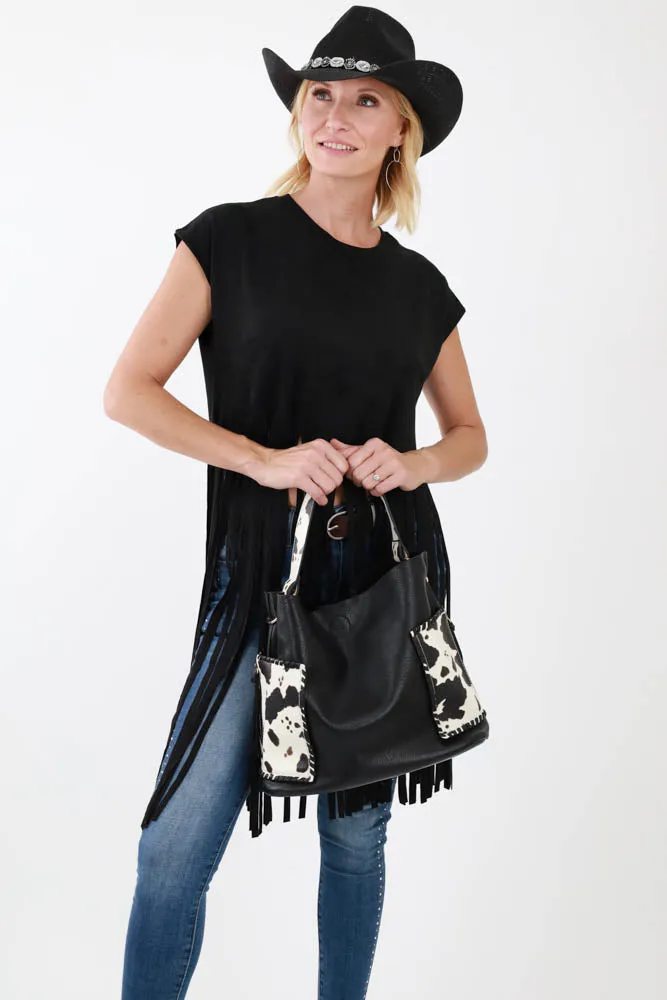 Chic Cow Print Bag Ensemble -Black