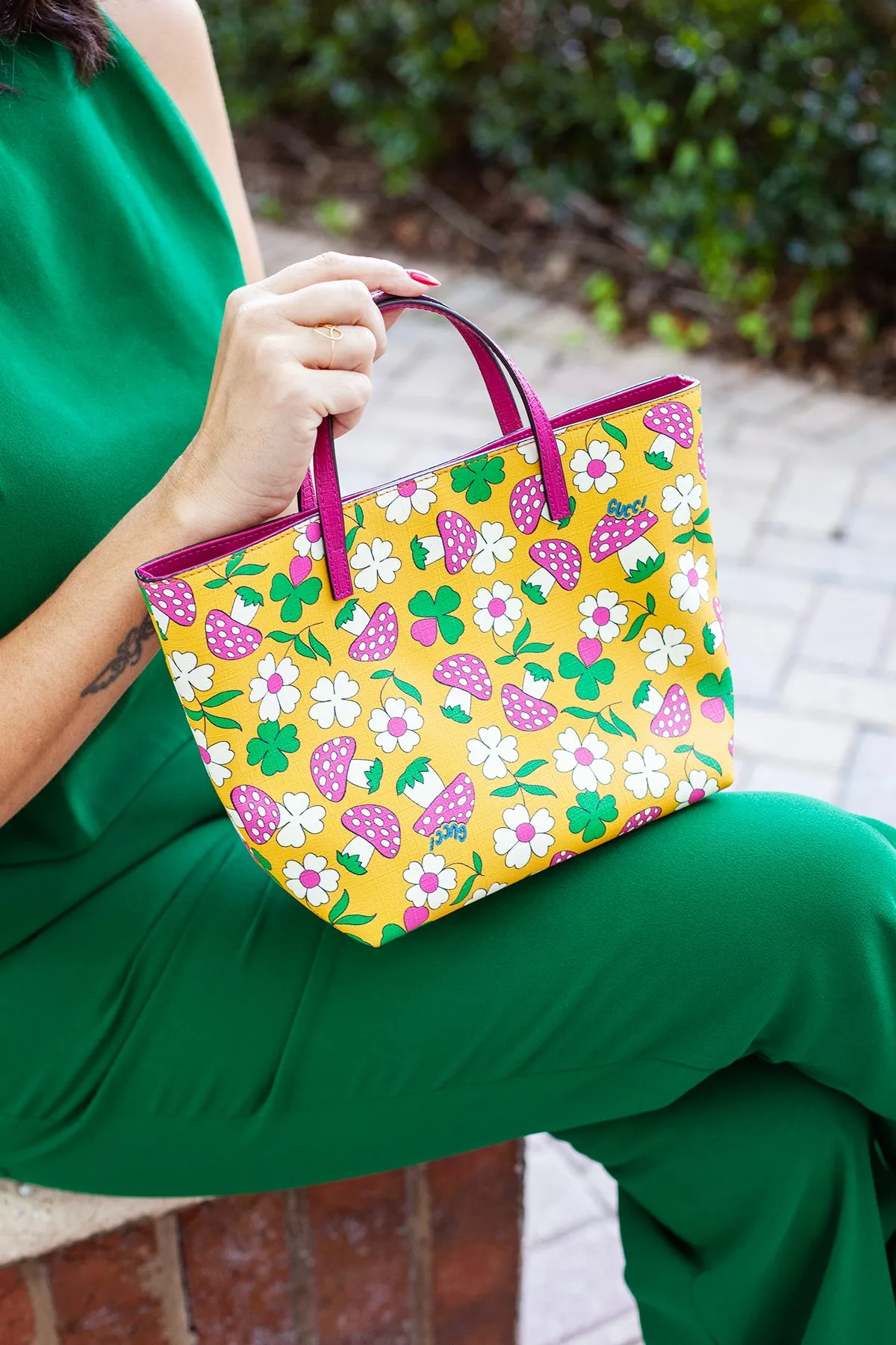 Children's Flower & Mushroom Print Small Tote Bag - Pink/Yellow