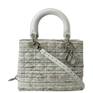 CHRISTIAN DIOR Medium Lady Dior Tweed Leather Shoulder Bag White