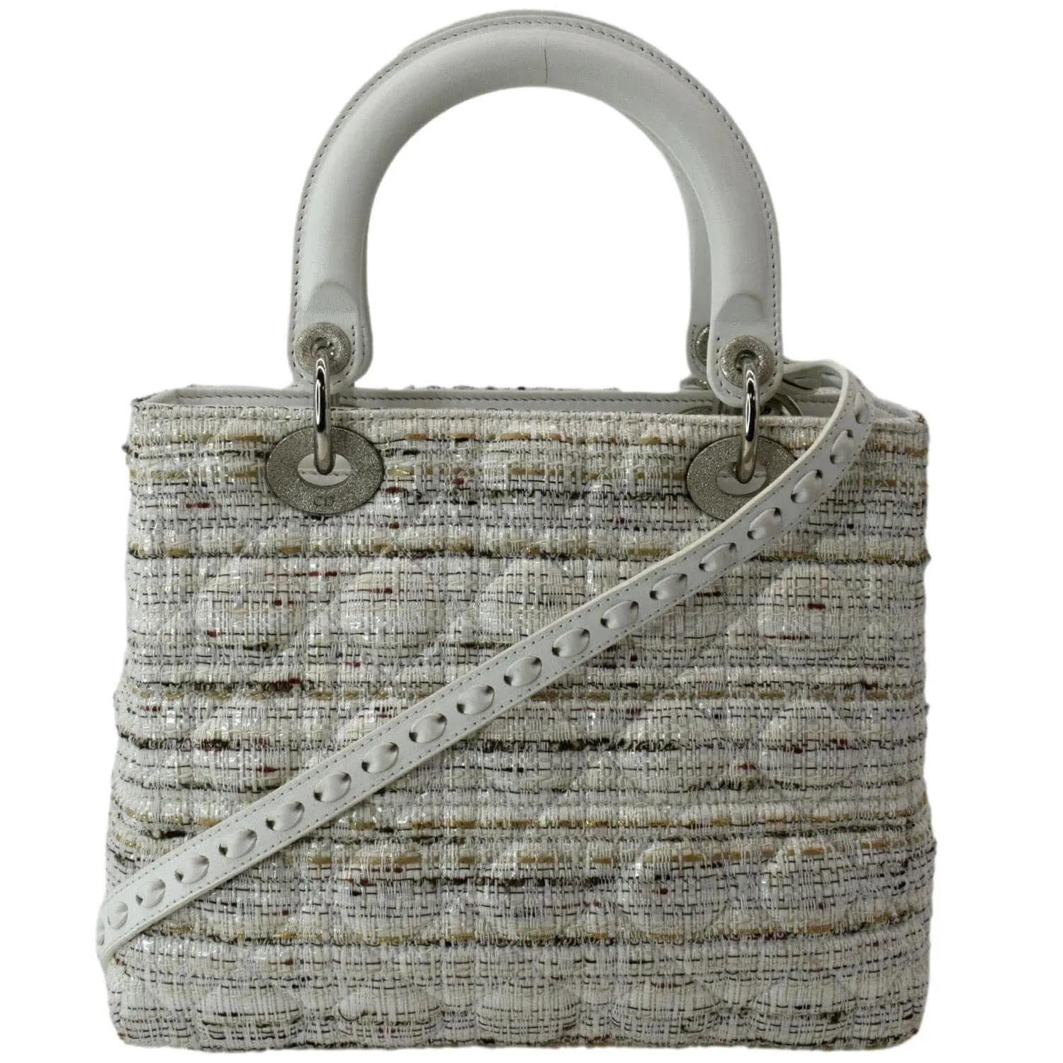 CHRISTIAN DIOR Medium Lady Dior Tweed Leather Shoulder Bag White