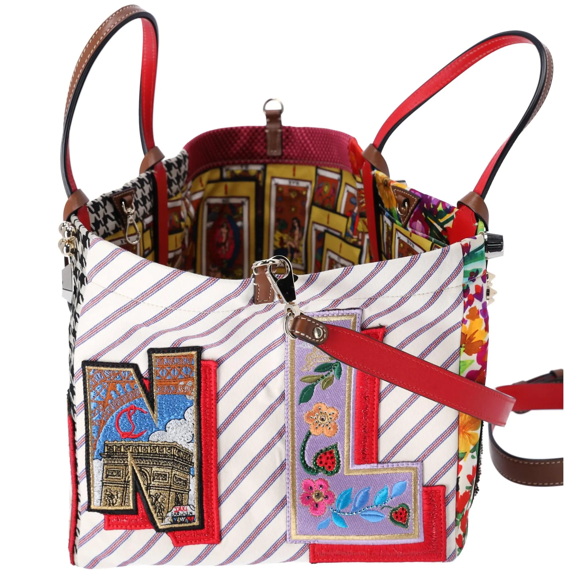 Christian Louboutin Caracaba Tote Bag White Red Multi Satin Cotton Leather