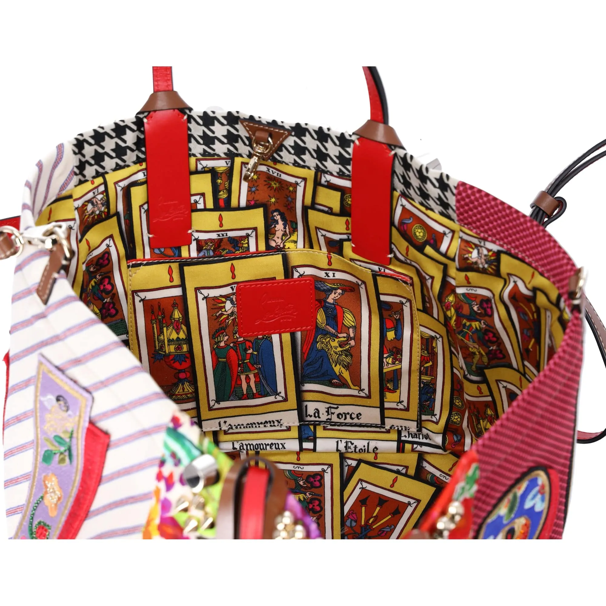 Christian Louboutin Caracaba Tote Bag White Red Multi Satin Cotton Leather