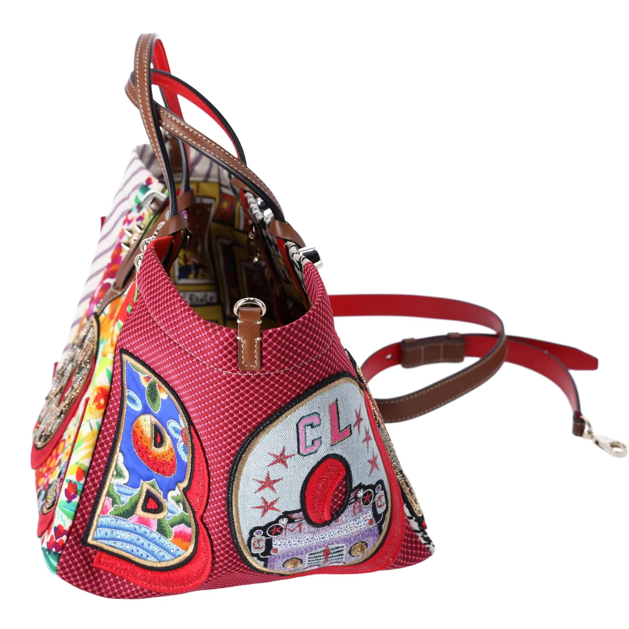 Christian Louboutin Caracaba Tote Bag White Red Multi Satin Cotton Leather