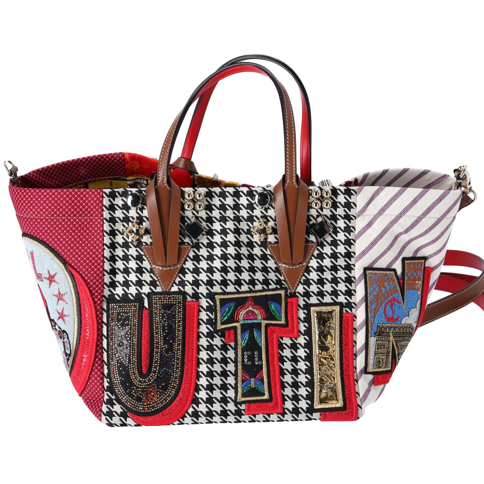 Christian Louboutin Caracaba Tote Bag White Red Multi Satin Cotton Leather