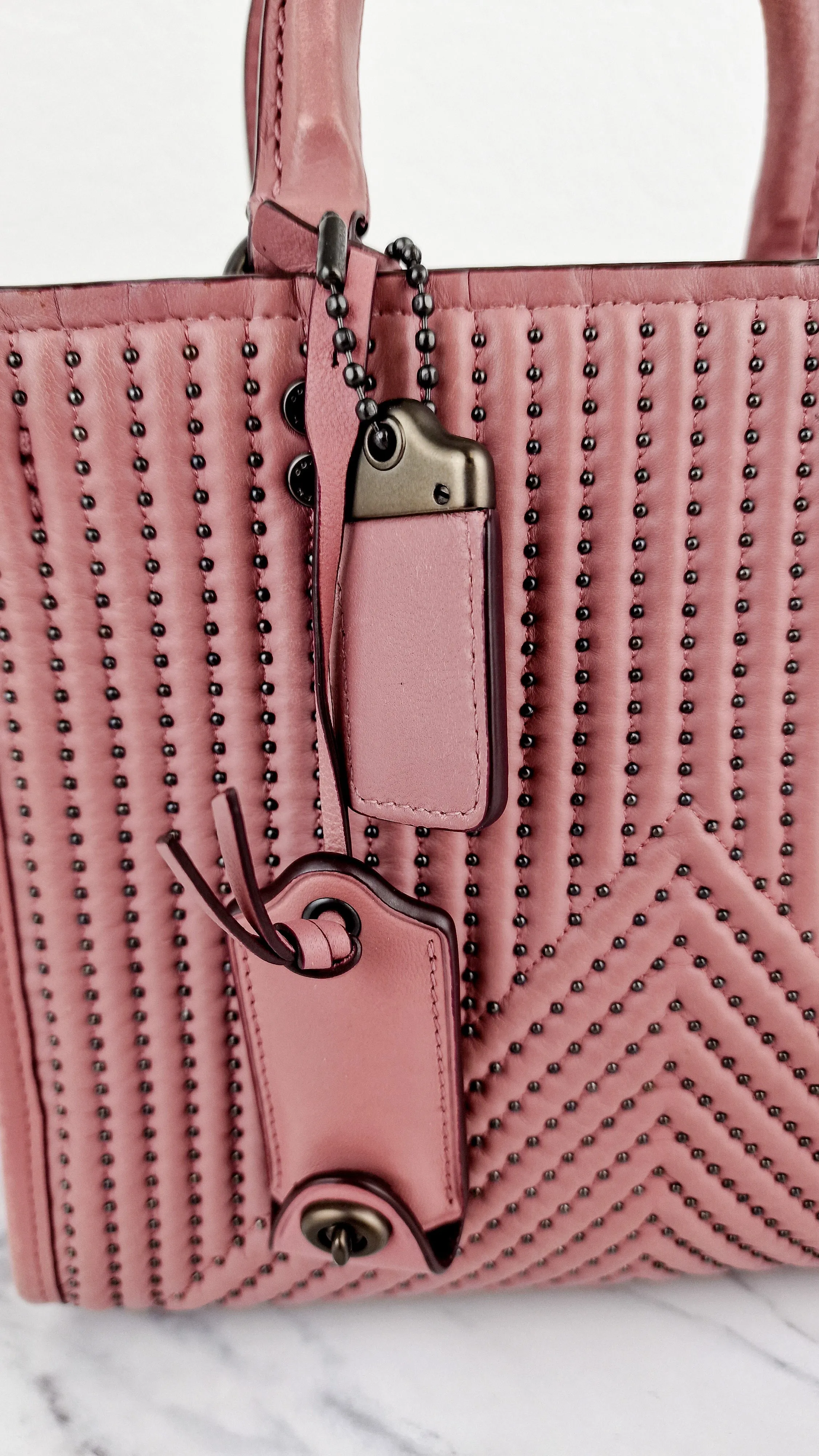 Coach 1941 Rogue 25 in Dusty Rose Pink Quilted Studded Chevron Smooth Nappa Leather - Shoulder Bag Handbag - Coach 22797