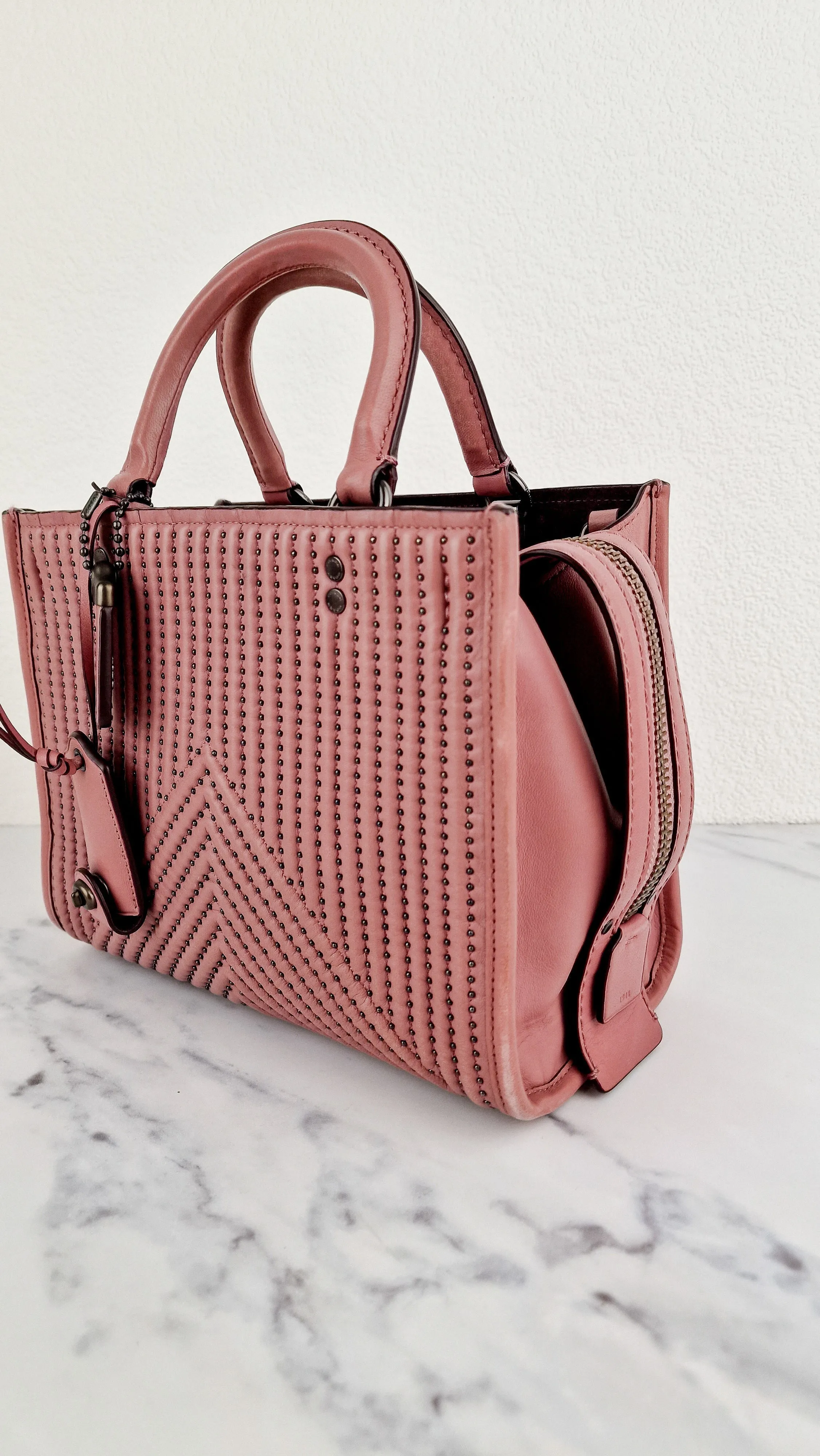 Coach 1941 Rogue 25 in Dusty Rose Pink Quilted Studded Chevron Smooth Nappa Leather - Shoulder Bag Handbag - Coach 22797