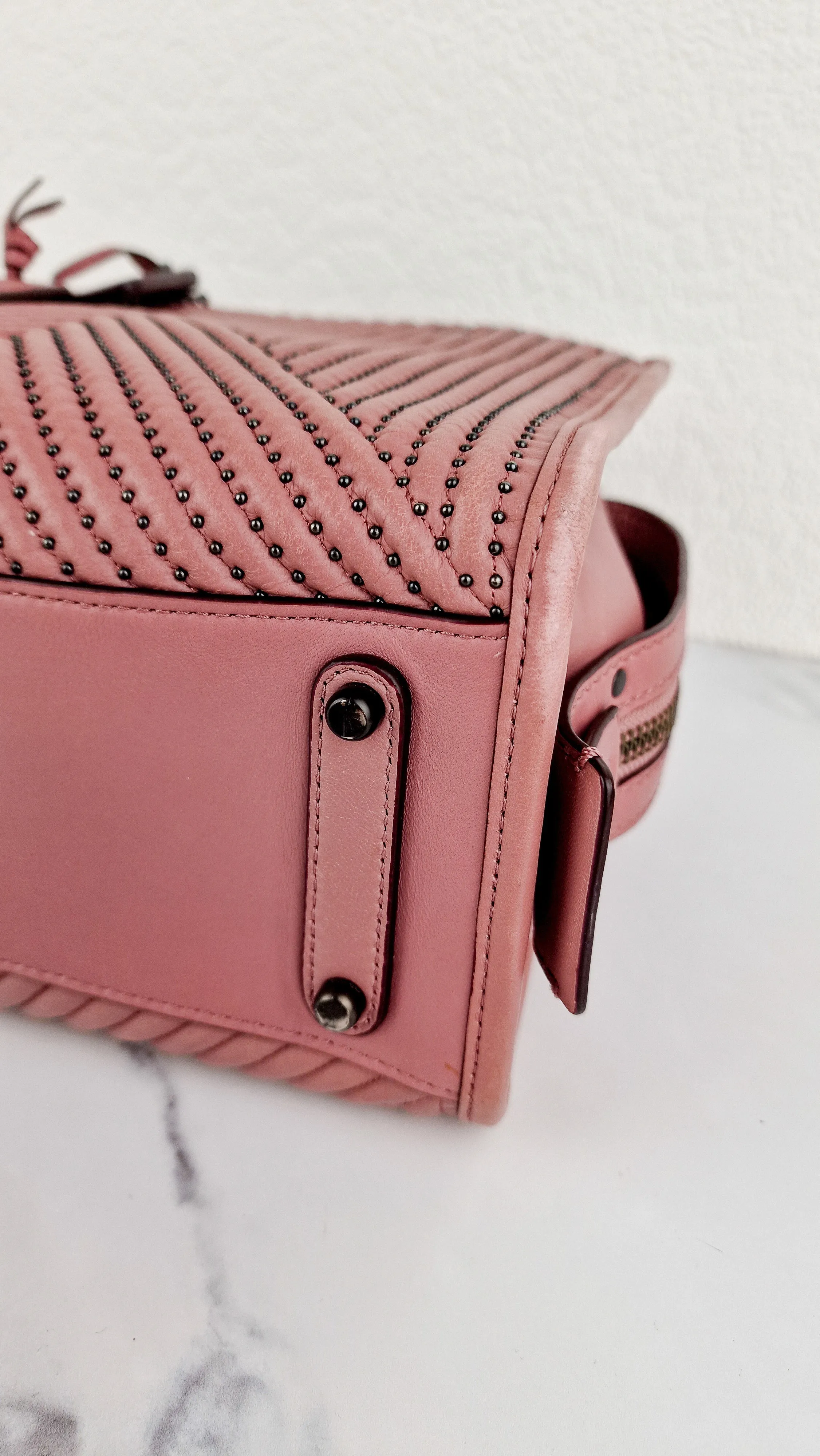 Coach 1941 Rogue 25 in Dusty Rose Pink Quilted Studded Chevron Smooth Nappa Leather - Shoulder Bag Handbag - Coach 22797