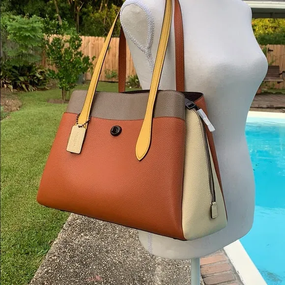 Coach Lora Carryall Bag Leather Medium Handbag Color Block Ginger Brown Purse NEW