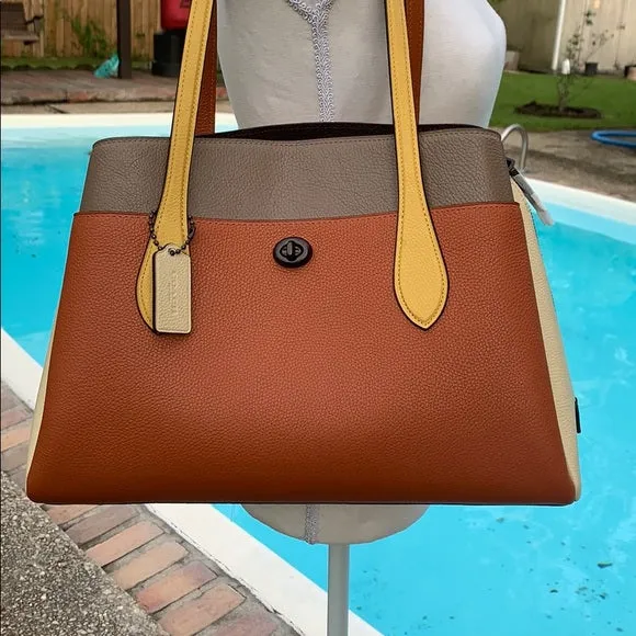 Coach Lora Carryall Bag Leather Medium Handbag Color Block Ginger Brown Purse NEW