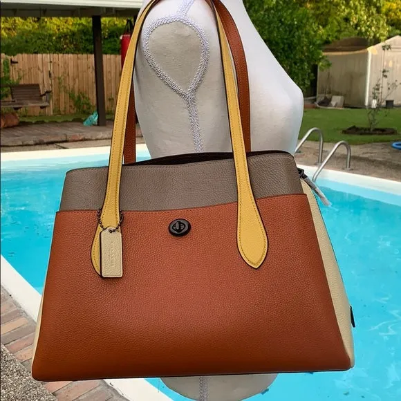 Coach Lora Carryall Bag Leather Medium Handbag Color Block Ginger Brown Purse NEW