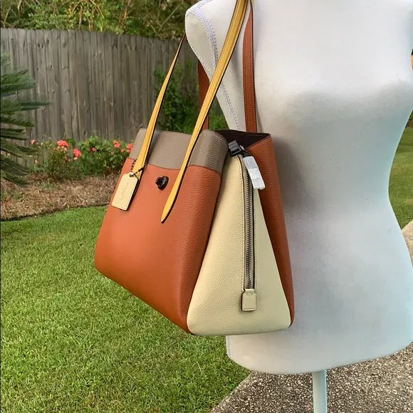 Coach Lora Carryall Bag Leather Medium Handbag Color Block Ginger Brown Purse NEW