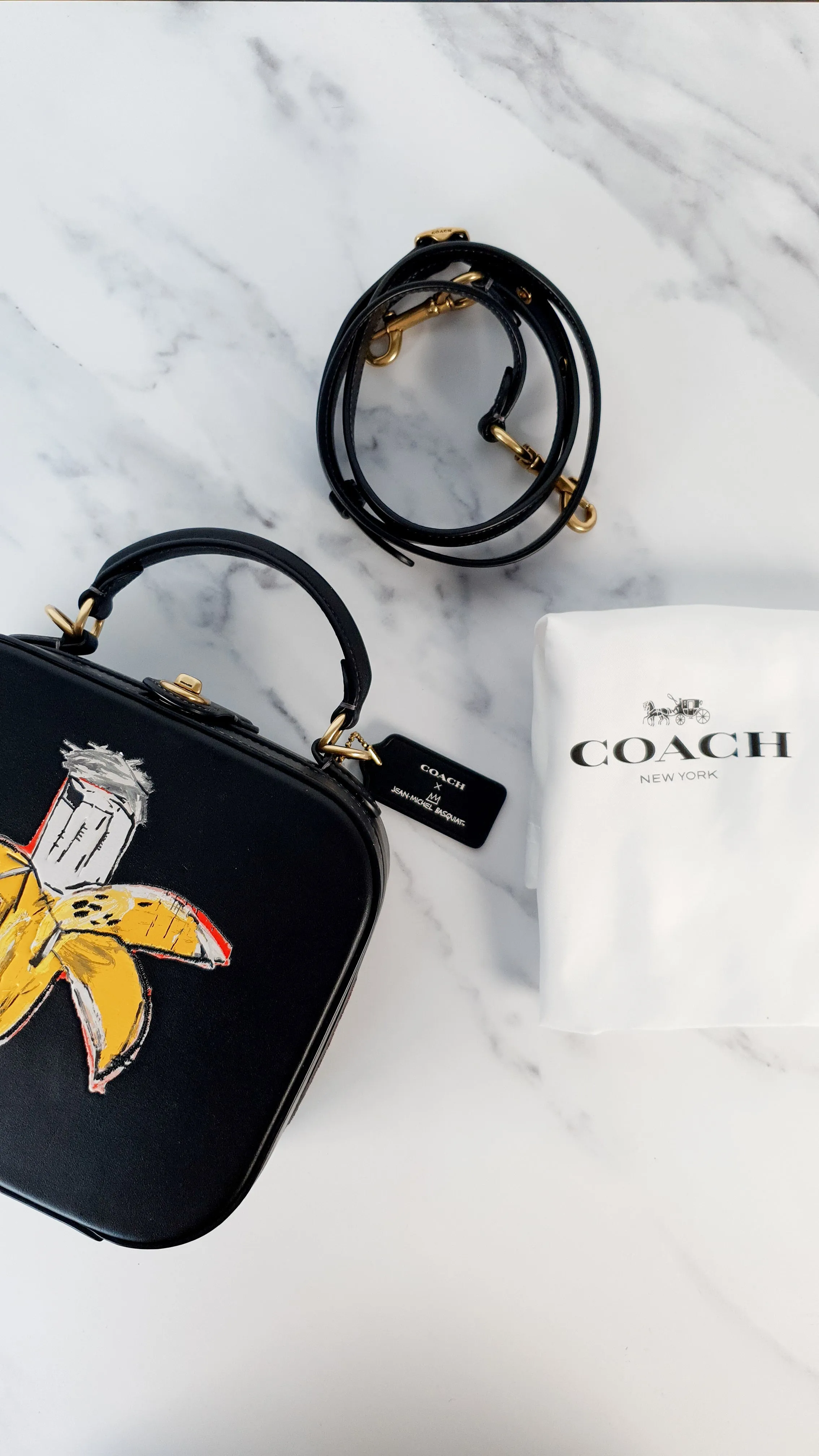 Coach x Jean-Michel Basquiat Square Bag with Banana artwork - Smooth Black Leather Crossbody Bag Handbag Coach 6898