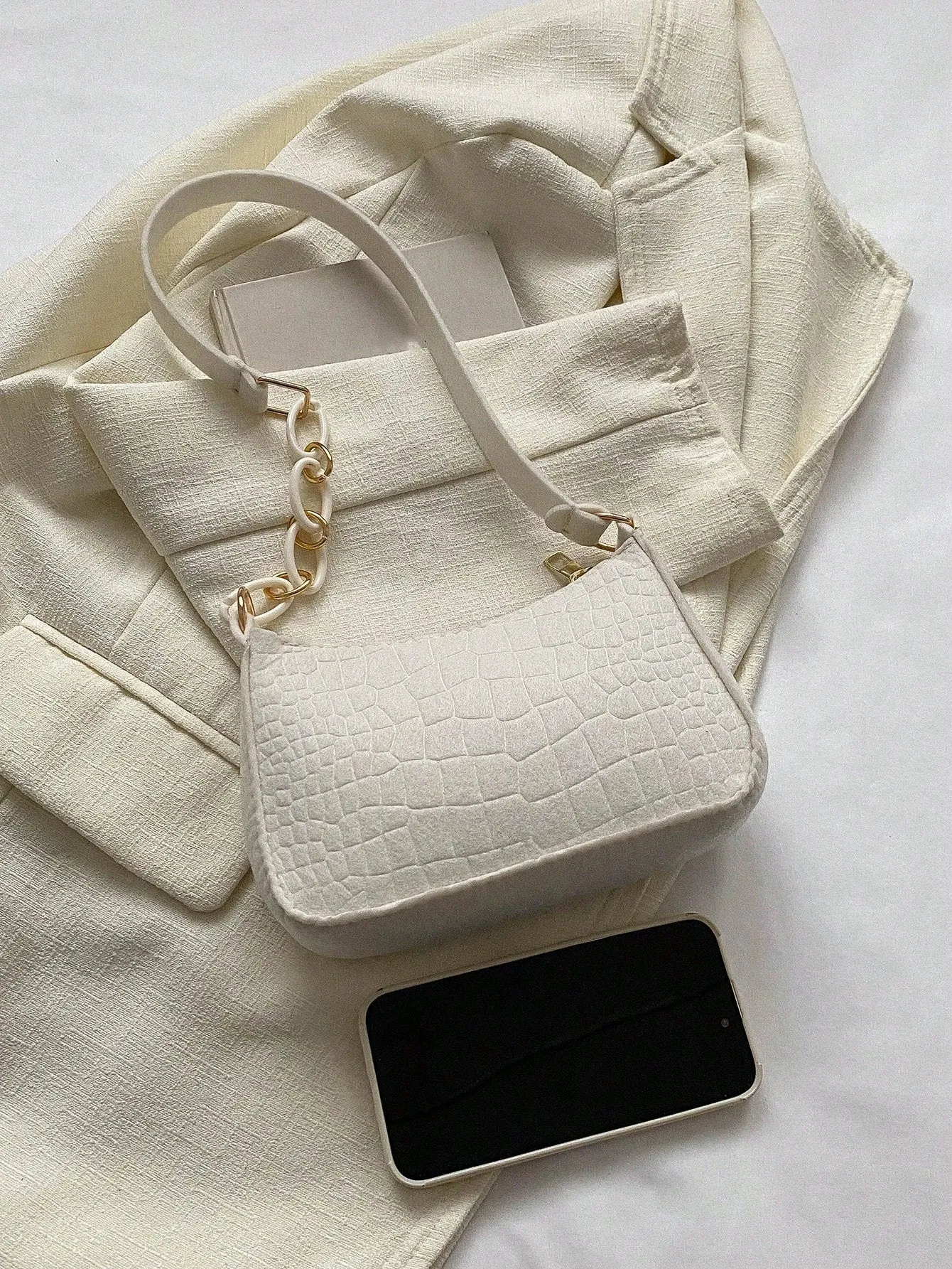 Crocodile Embossed Mini Zipper Hobo Bag - White