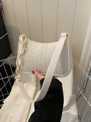 Crocodile Embossed Mini Zipper Hobo Bag - White