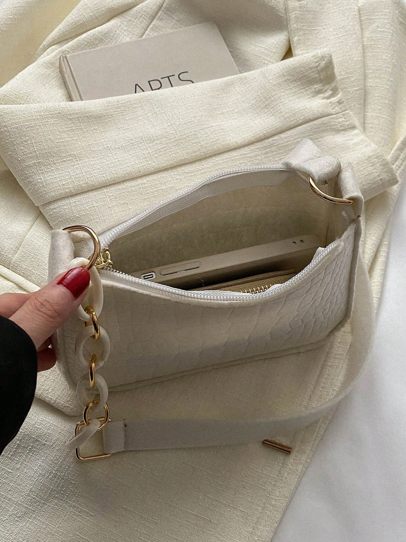 Crocodile Embossed Mini Zipper Hobo Bag - White