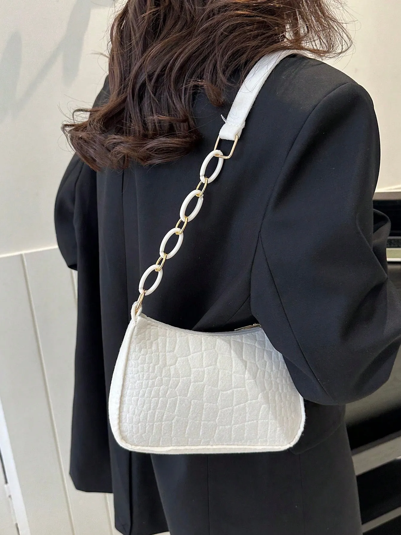 Crocodile Embossed Mini Zipper Hobo Bag - White