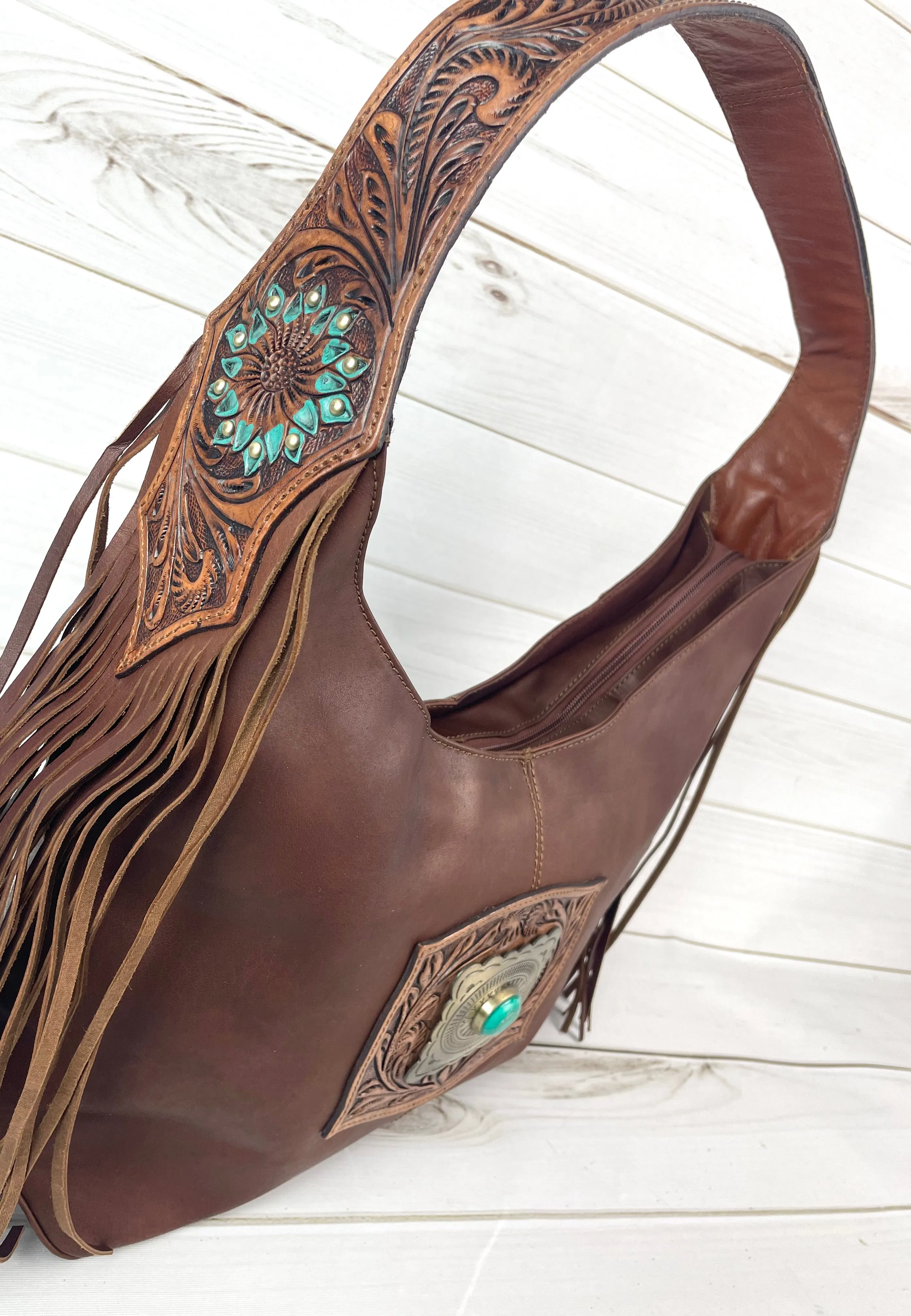 Dark Leather Turquoise Accent Tooled Fringe Handbag