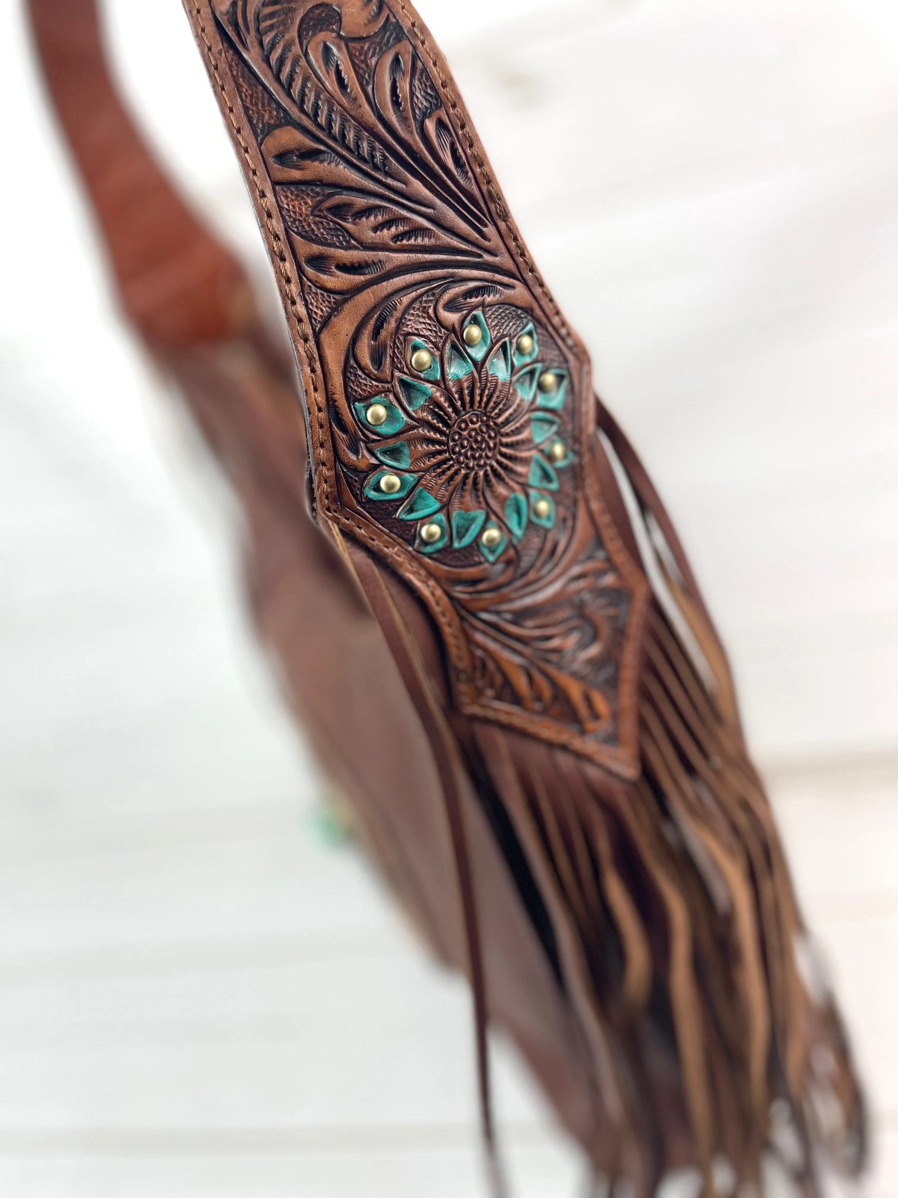 Dark Leather Turquoise Accent Tooled Fringe Handbag