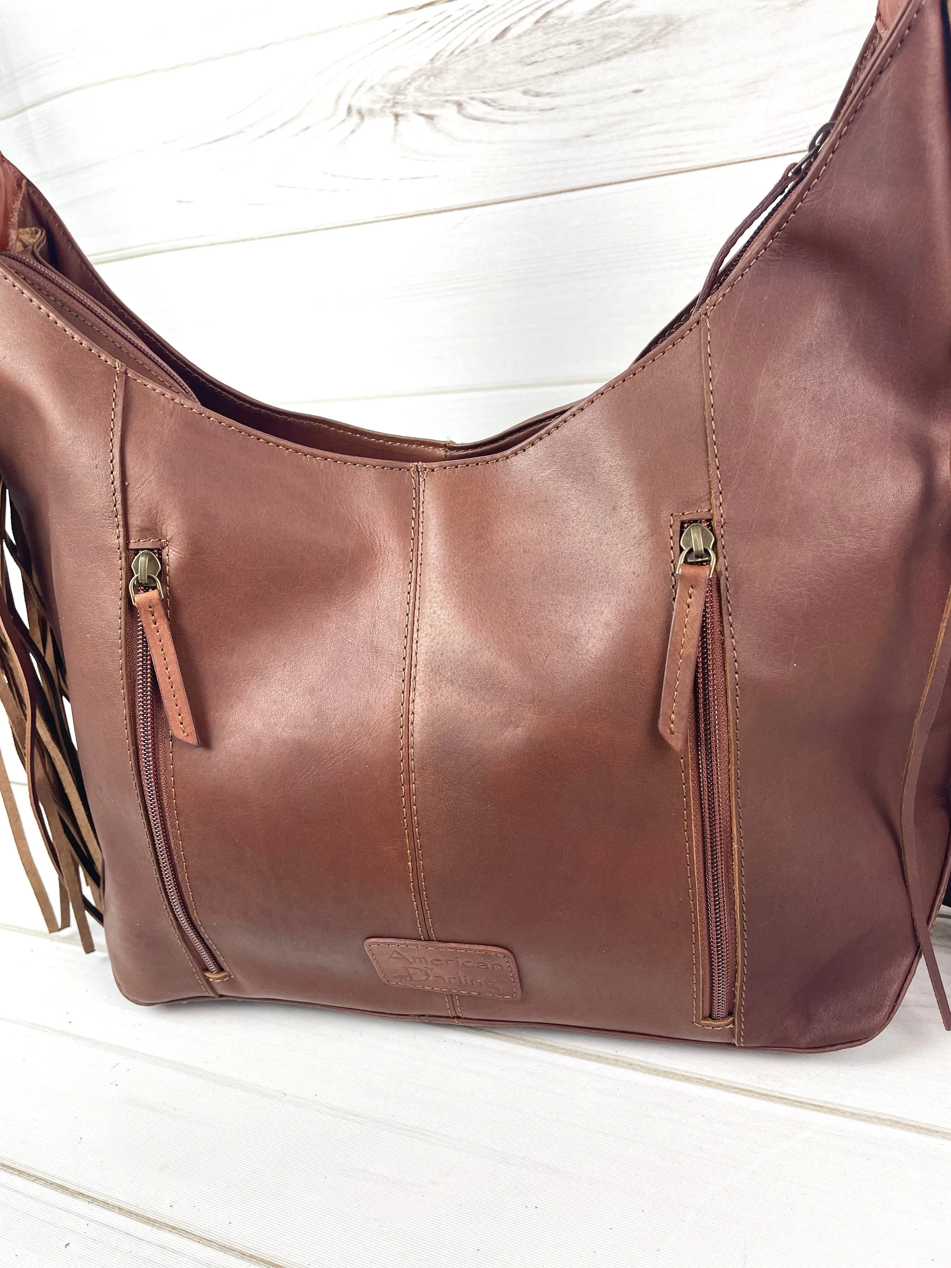 Dark Leather Turquoise Accent Tooled Fringe Handbag