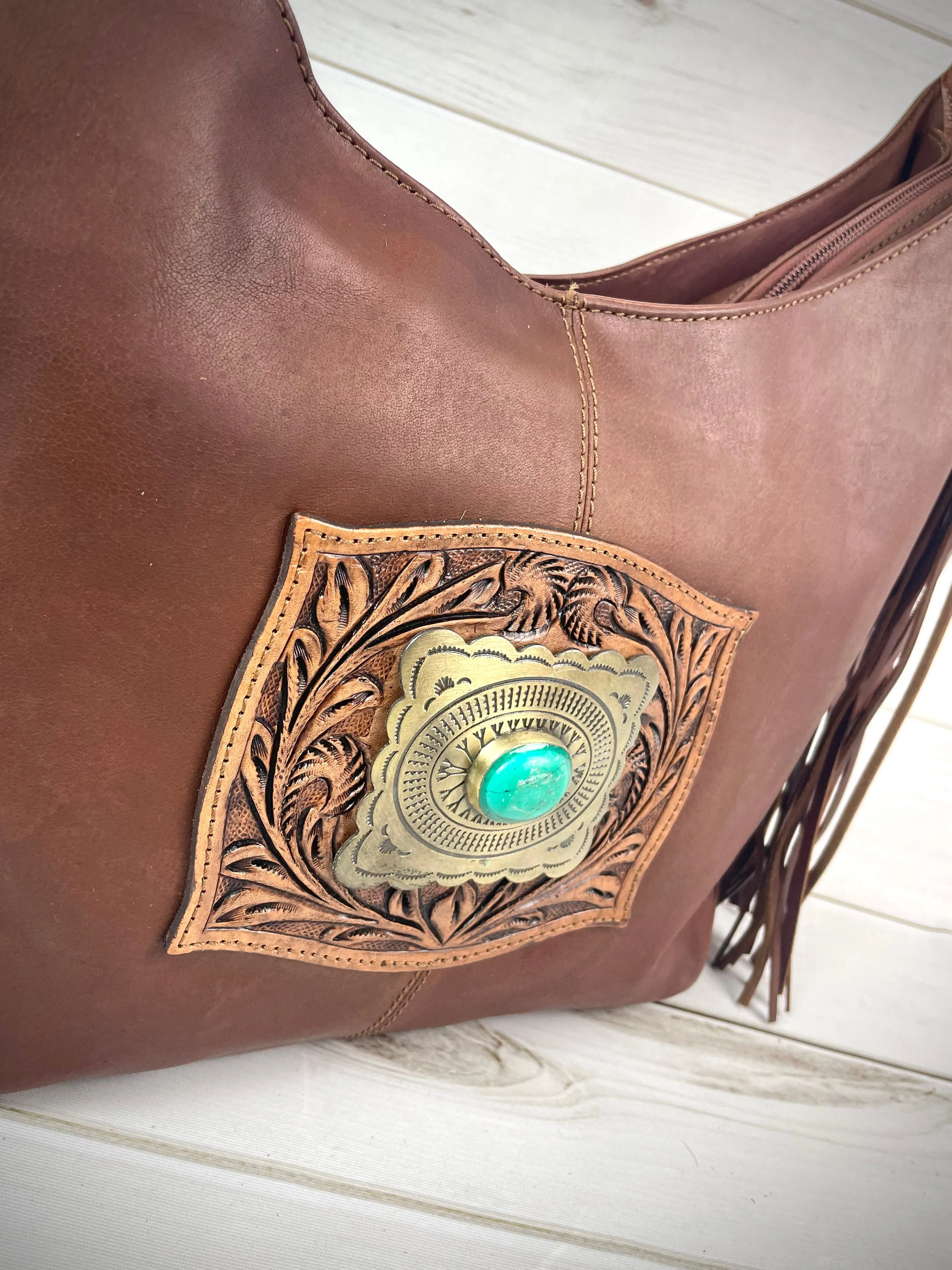 Dark Leather Turquoise Accent Tooled Fringe Handbag