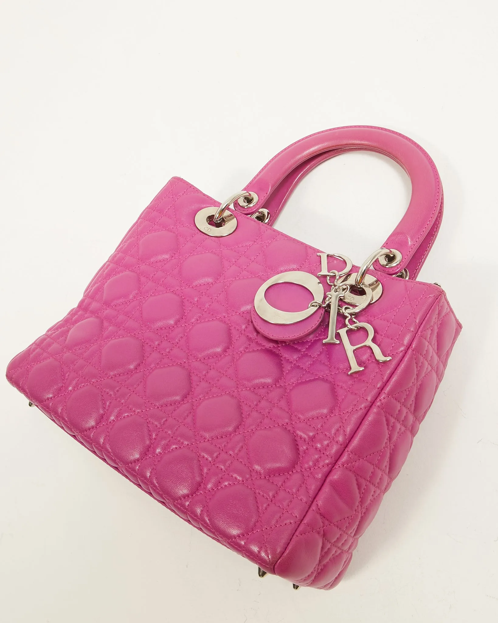 Dior Fuchsia Pink Lambskin Cannage Medium Lady Dior Tote