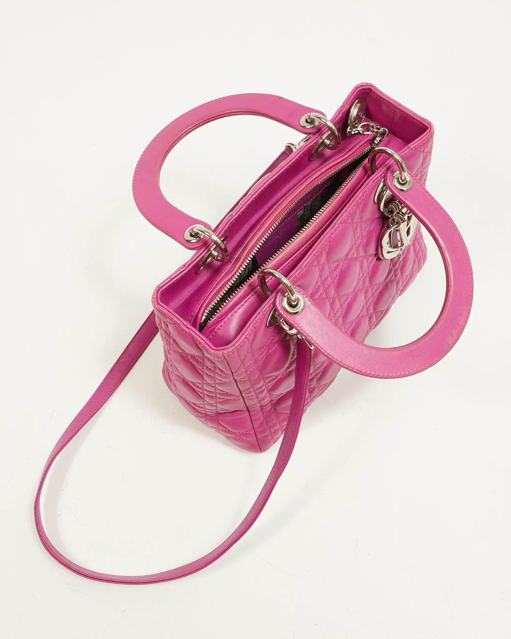 Dior Fuchsia Pink Lambskin Cannage Medium Lady Dior Tote