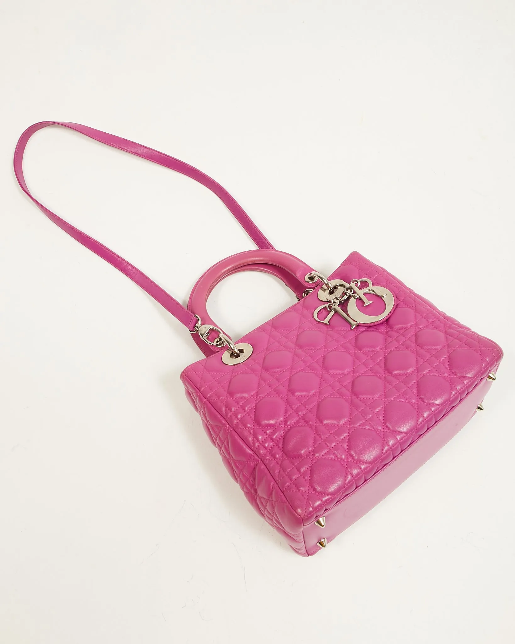Dior Fuchsia Pink Lambskin Cannage Medium Lady Dior Tote