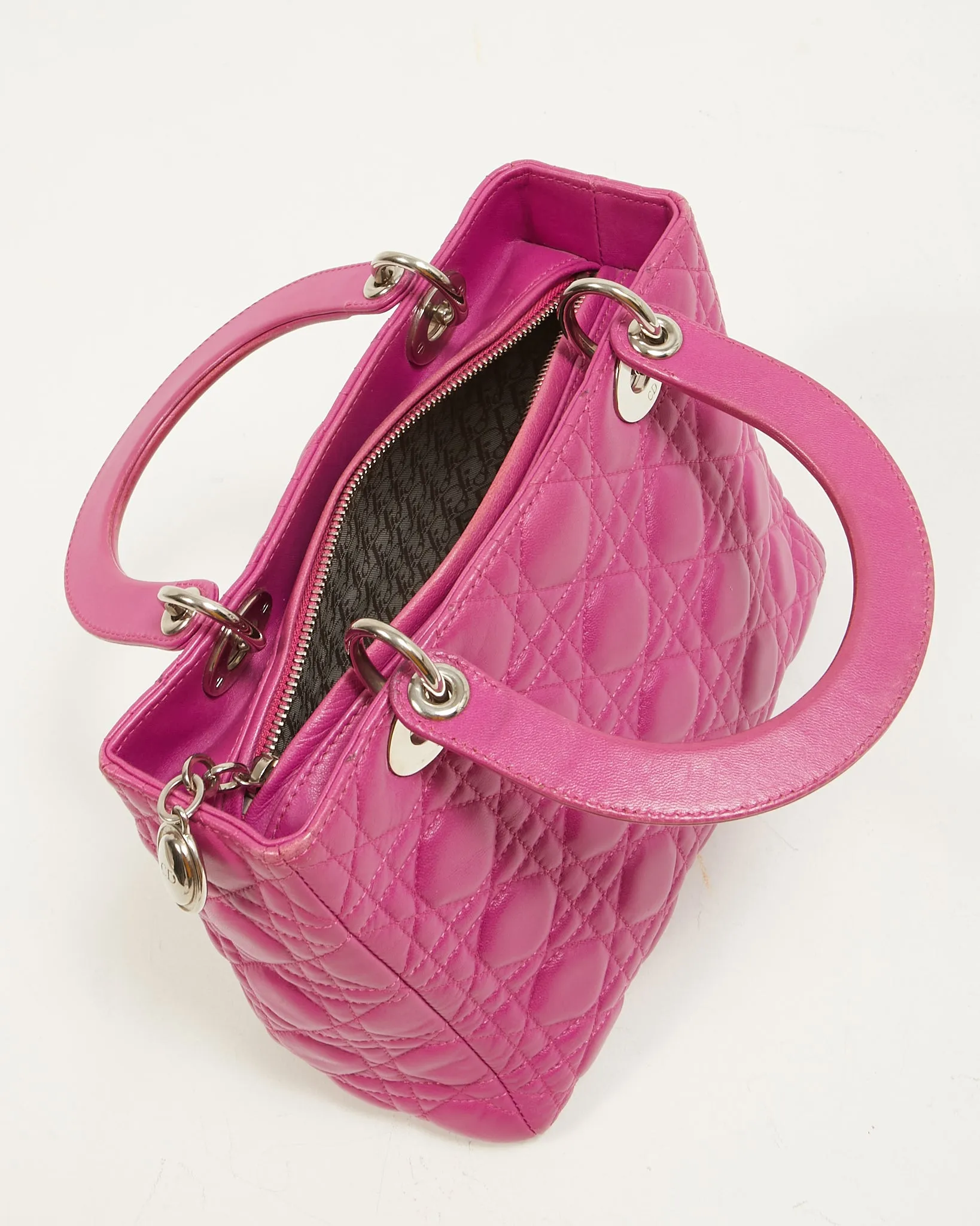Dior Fuchsia Pink Lambskin Cannage Medium Lady Dior Tote