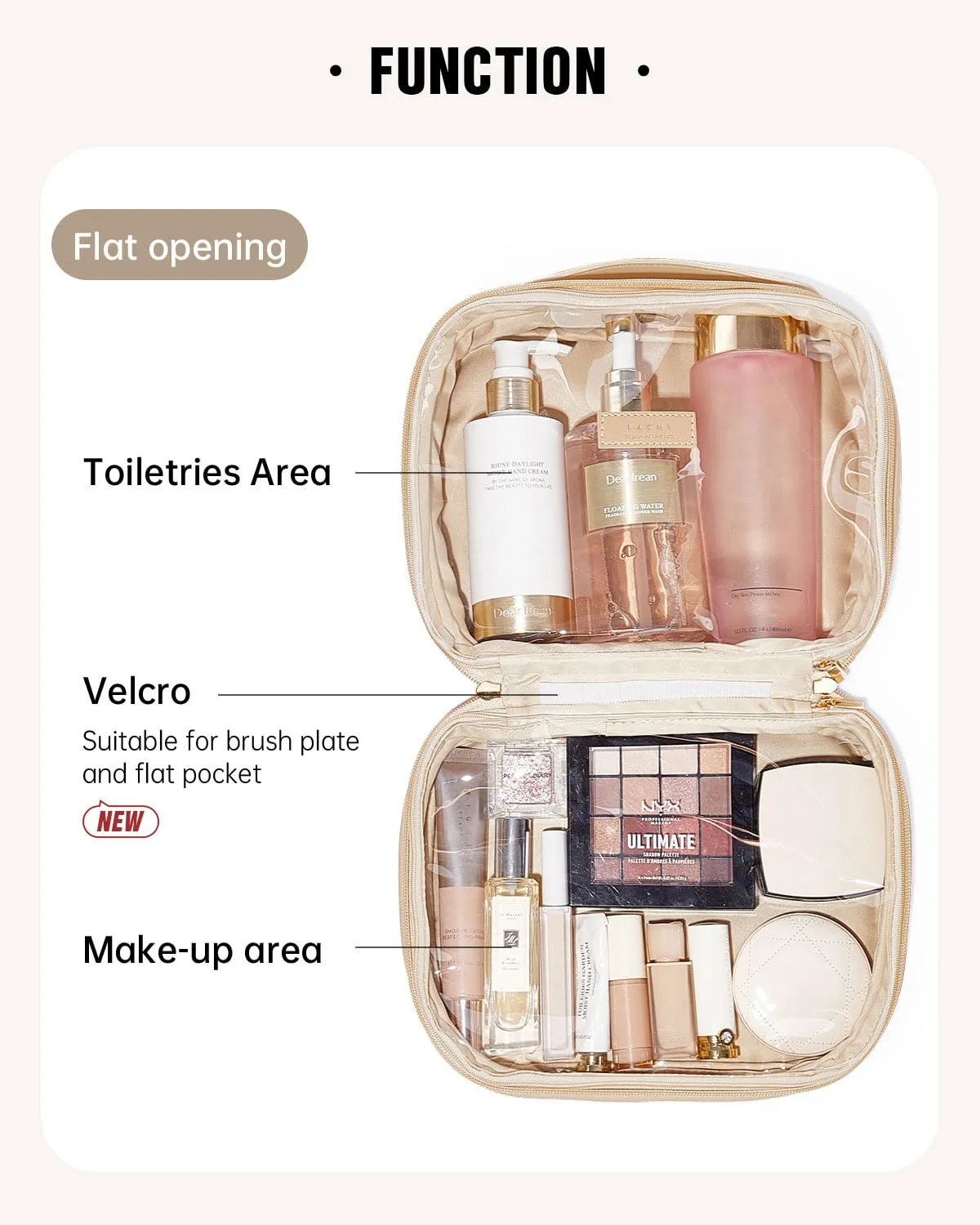 EACHY Travel Makeup Bag, Large Capacity Cosmetic Bags for Women, Waterproof PU Make Up Bag with Makeup Brush Organizer (Beige)