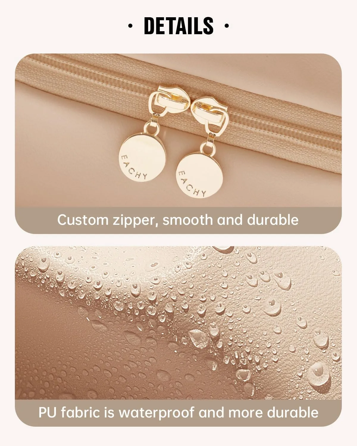 EACHY Travel Makeup Bag, Large Capacity Cosmetic Bags for Women, Waterproof PU Make Up Bag with Makeup Brush Organizer (Beige)