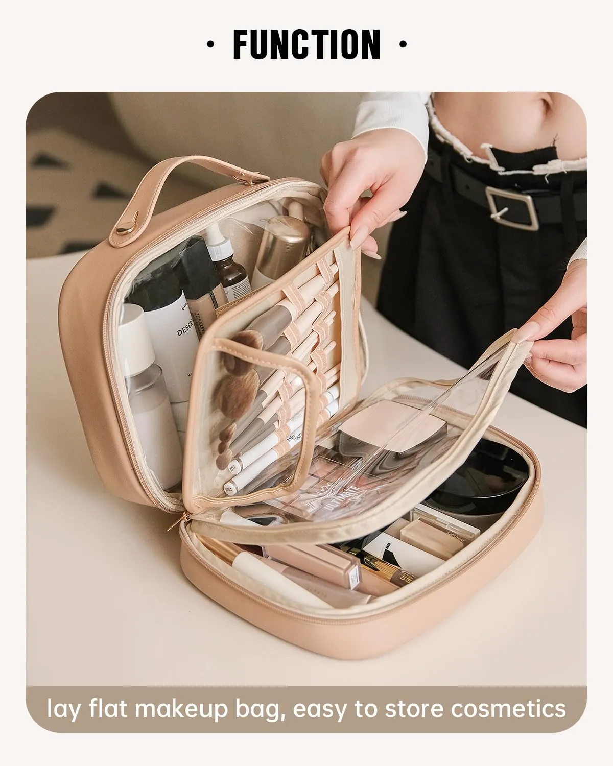 EACHY Travel Makeup Bag, Large Capacity Cosmetic Bags for Women, Waterproof PU Make Up Bag with Makeup Brush Organizer (Beige)