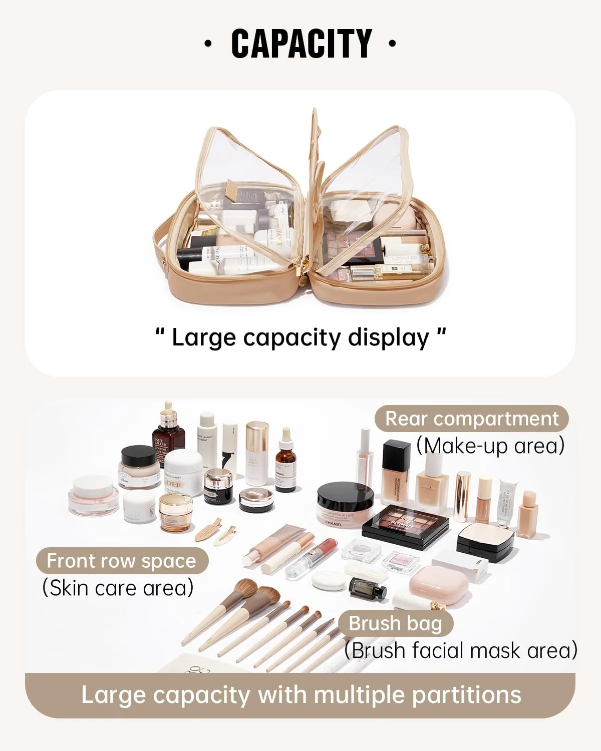 EACHY Travel Makeup Bag, Large Capacity Cosmetic Bags for Women, Waterproof PU Make Up Bag with Makeup Brush Organizer (Beige)