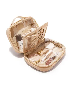 EACHY Travel Makeup Bag, Large Capacity Cosmetic Bags for Women, Waterproof PU Make Up Bag with Makeup Brush Organizer (Beige)