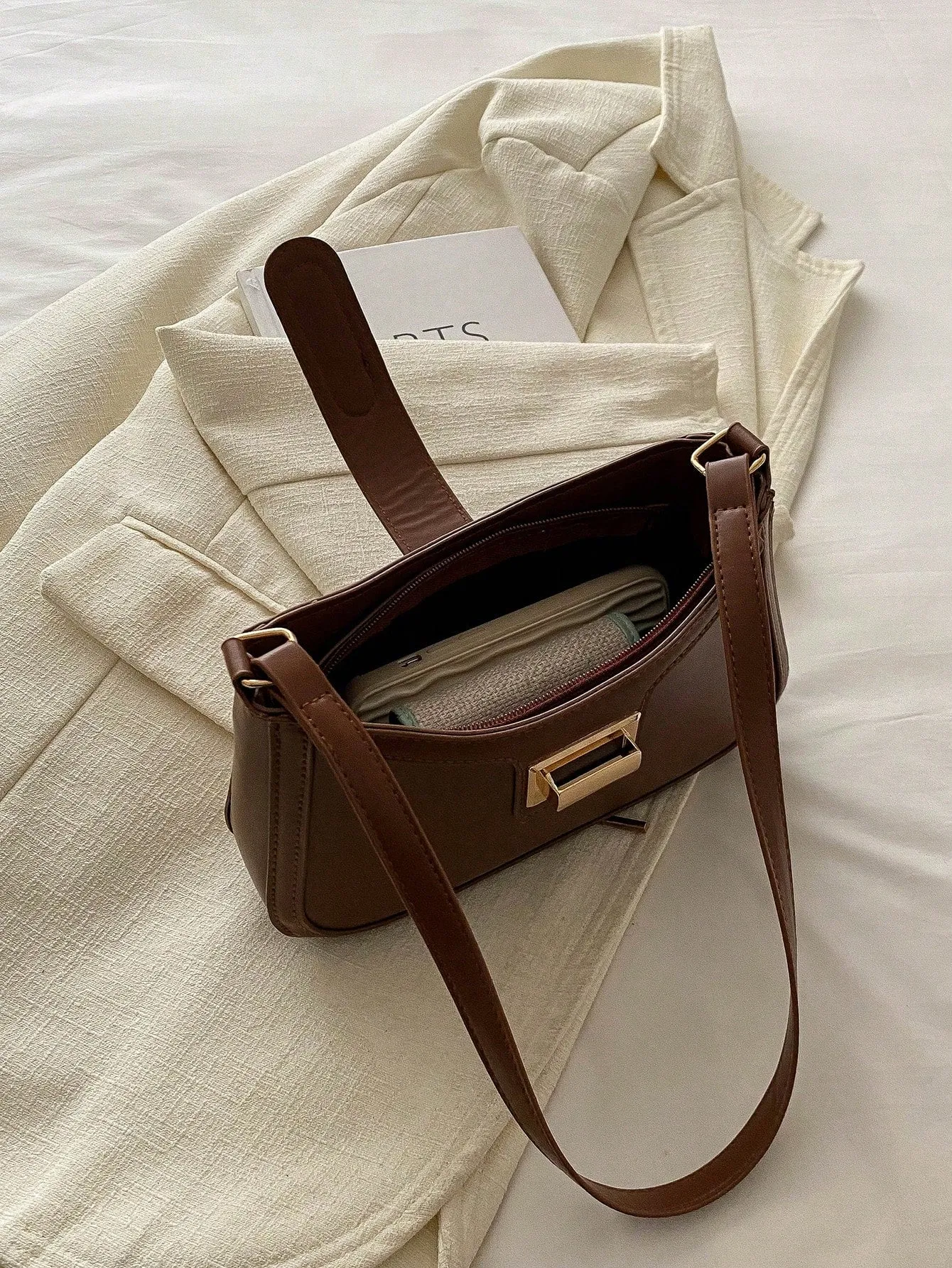 Elegant Crescent-Shaped Shoulder Bag - Coffee Brown