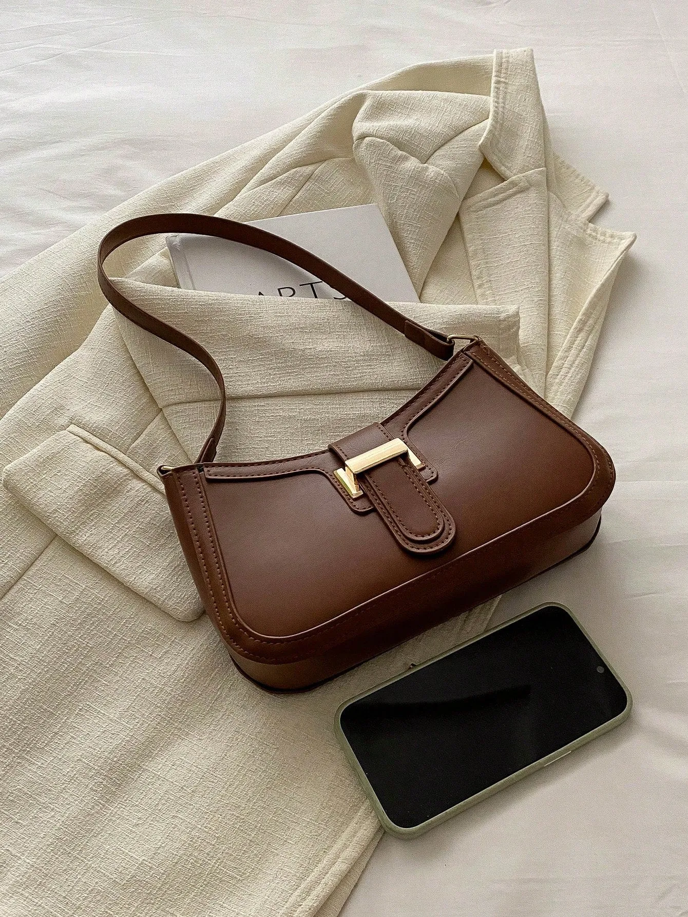 Elegant Crescent-Shaped Shoulder Bag - Coffee Brown