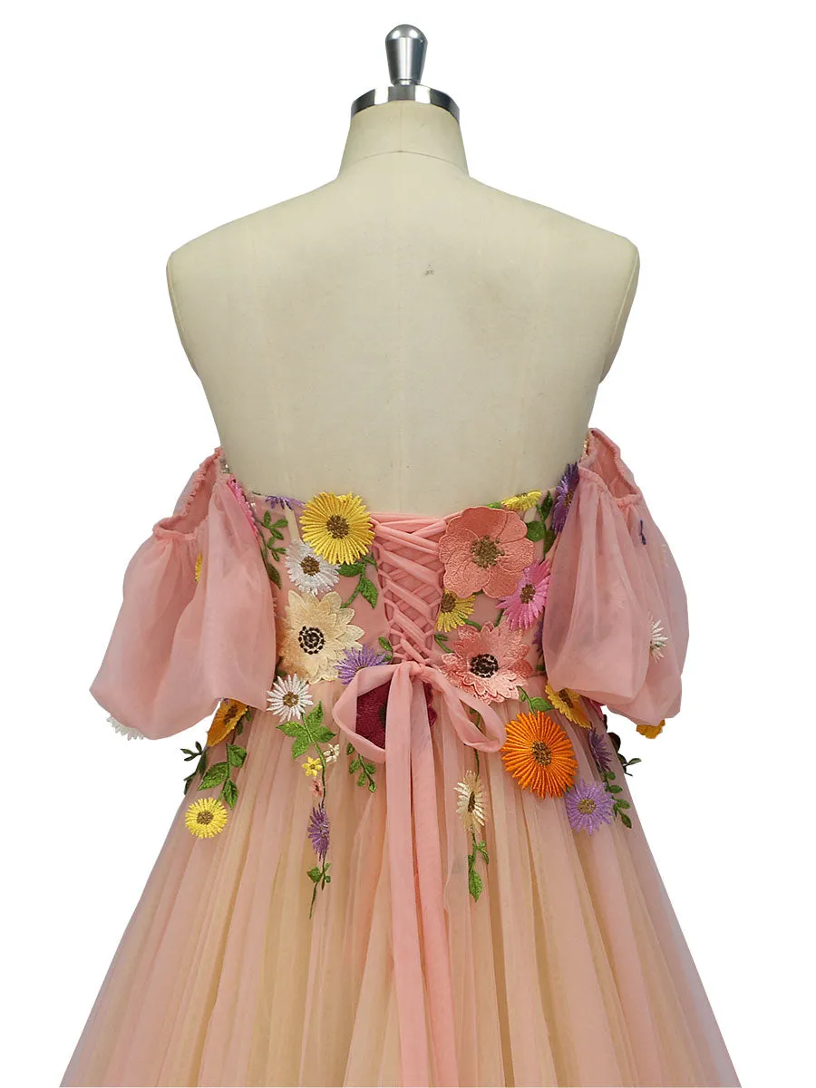 Elegant Wedding Dress with Colored Flowers Floral Embroidery Peach Tulle Dresses YW231013