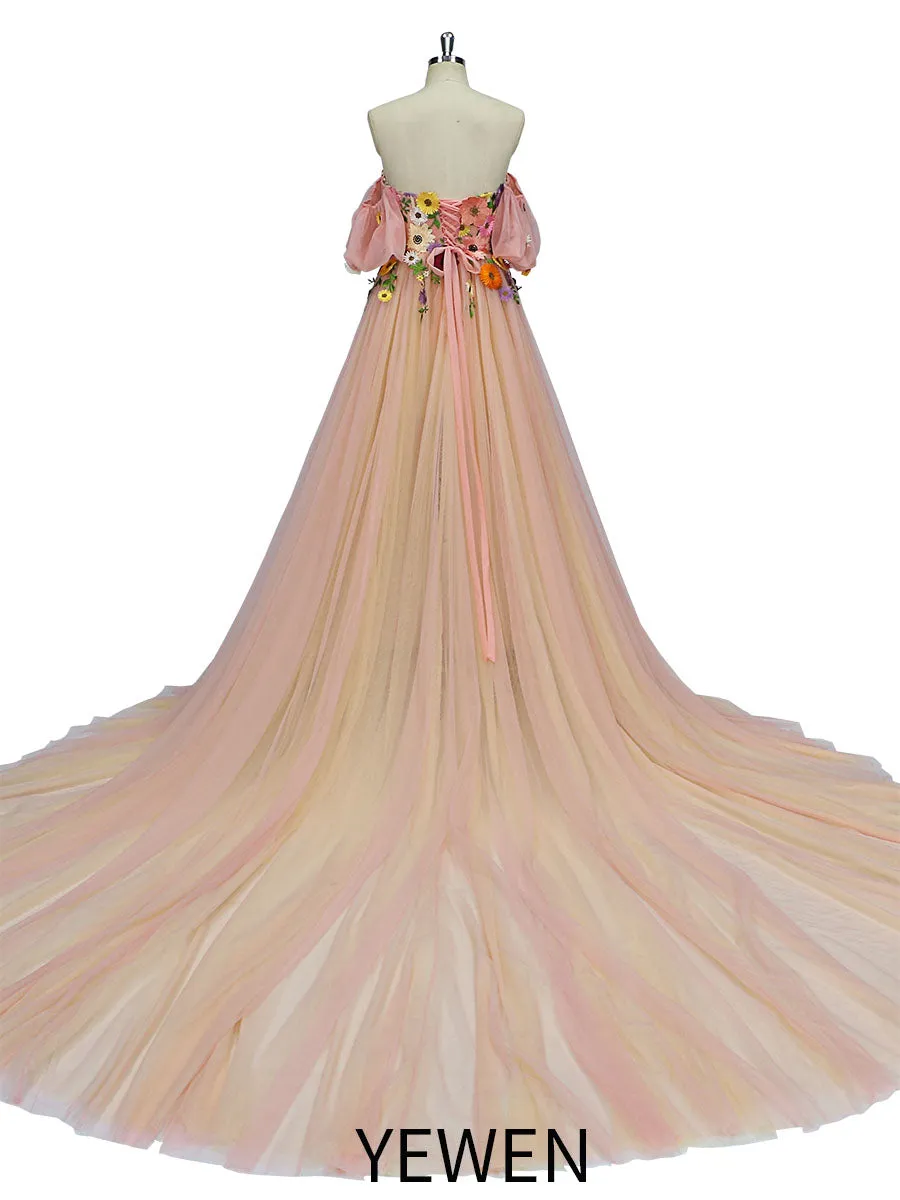 Elegant Wedding Dress with Colored Flowers Floral Embroidery Peach Tulle Dresses YW231013
