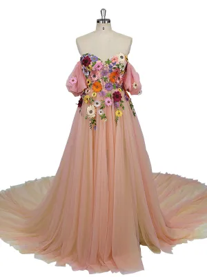Elegant Wedding Dress with Colored Flowers Floral Embroidery Peach Tulle Dresses YW231013