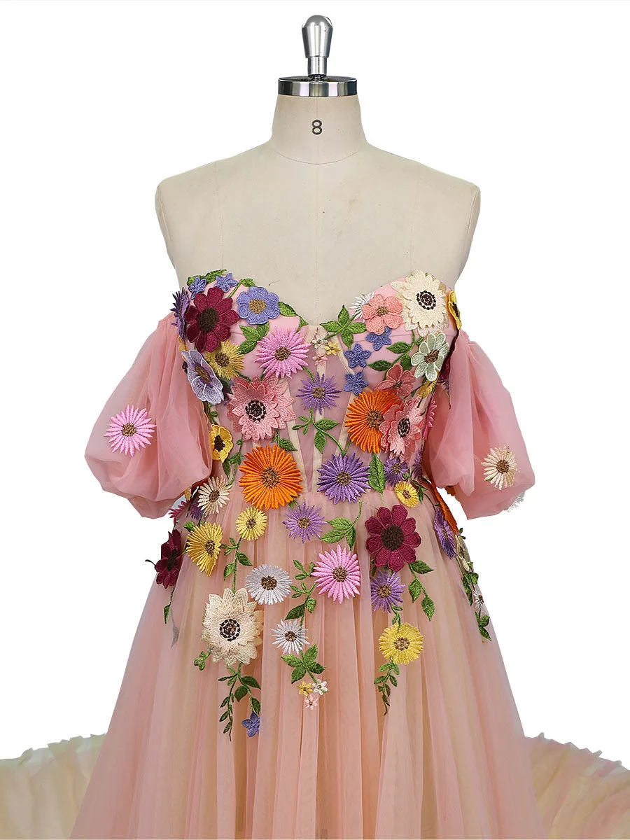 Elegant Wedding Dress with Colored Flowers Floral Embroidery Peach Tulle Dresses YW231013